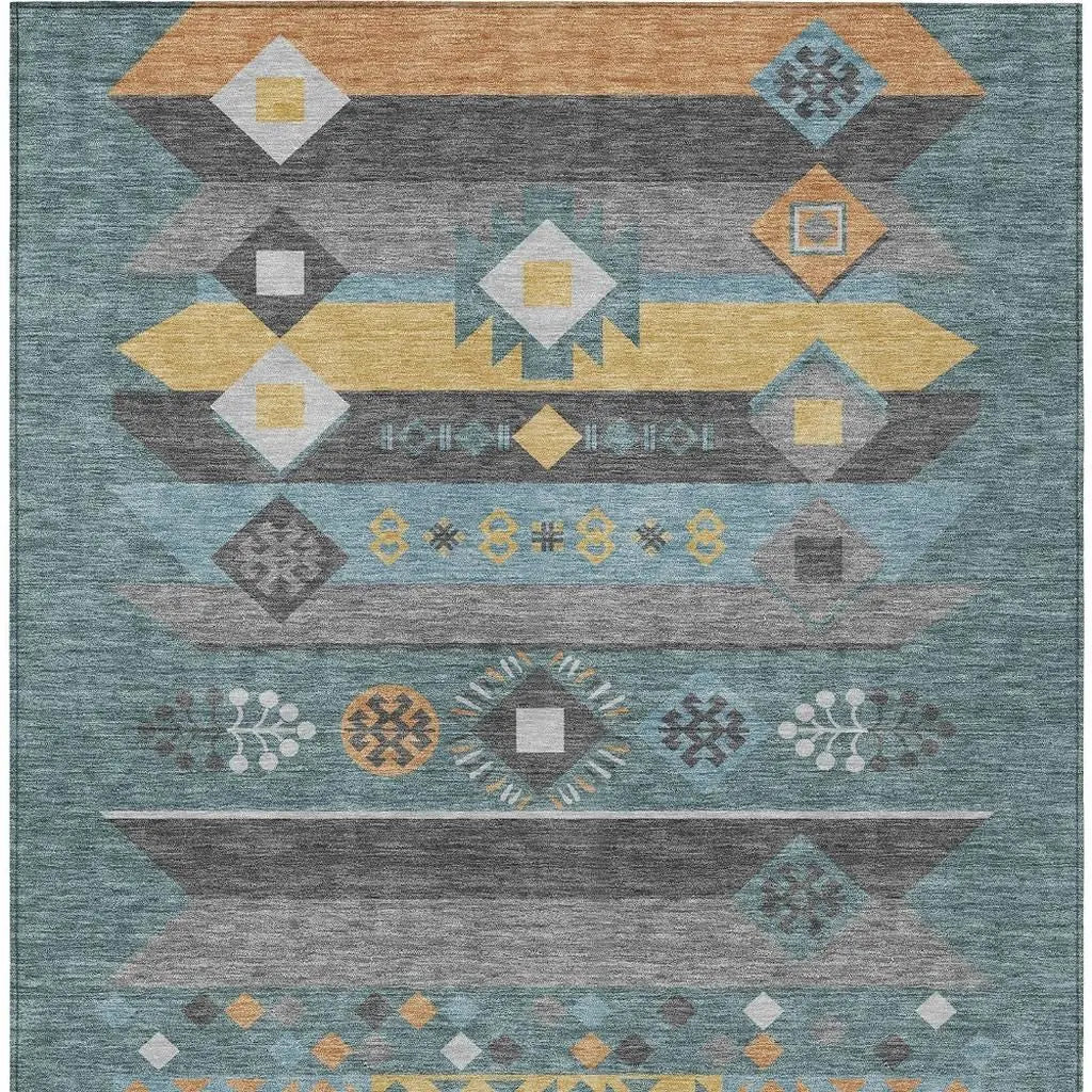 3' X 5' Teal Blue And Copper Geometric Washable Indoor Outdoor Area Rug Homeroots Outdoor